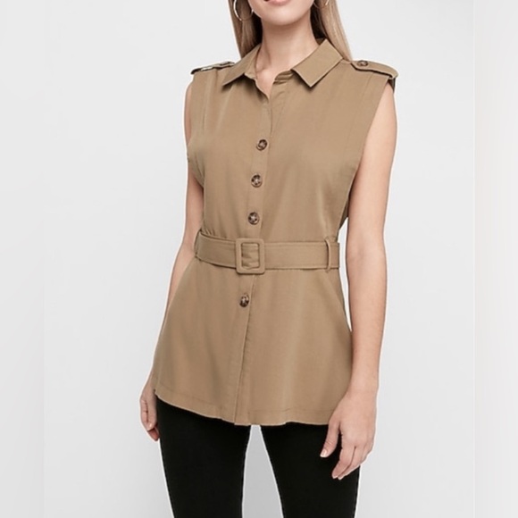 Express Tops - NWOT Express Brown Khaki Utility Sleeveless Top Shirt Blouse‎ L **NO BELT (A1)